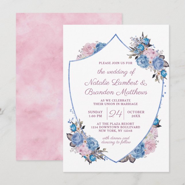 Invitation Charme parisien Mariage bleu & rose Floral Crest (Devant / Derrière)