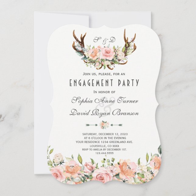 Invitation Charme Rose Blush Floral Antlers (Devant)