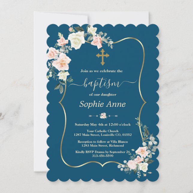 Invitation Charme Rose Fleurs Blanches Bleu Gold Girl Baptême (Devant)