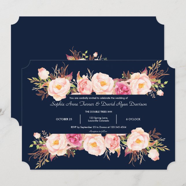 Invitation Charme rose Floral Cadre bleu marine Mariage (Devant / Derrière)