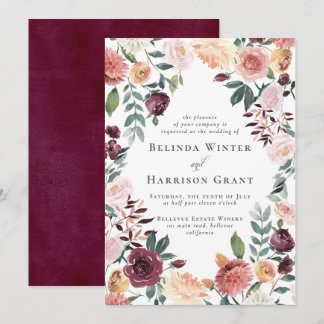 Invitation Charme rustique Bourgogne Blush Jardin Floral Mari