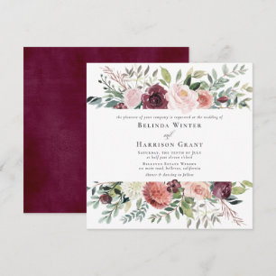 Invitation Charme rustique Bourgogne Blush Rose SQ Floral Mar