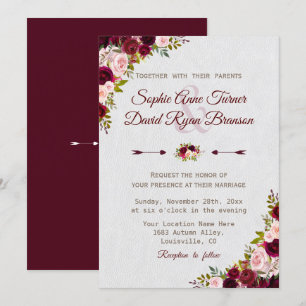 Invitation Charme Rustique Bourgogne Marsala Floral Mariage