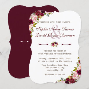 Invitation Charme Rustique Bourgogne Marsala Floral Mariage