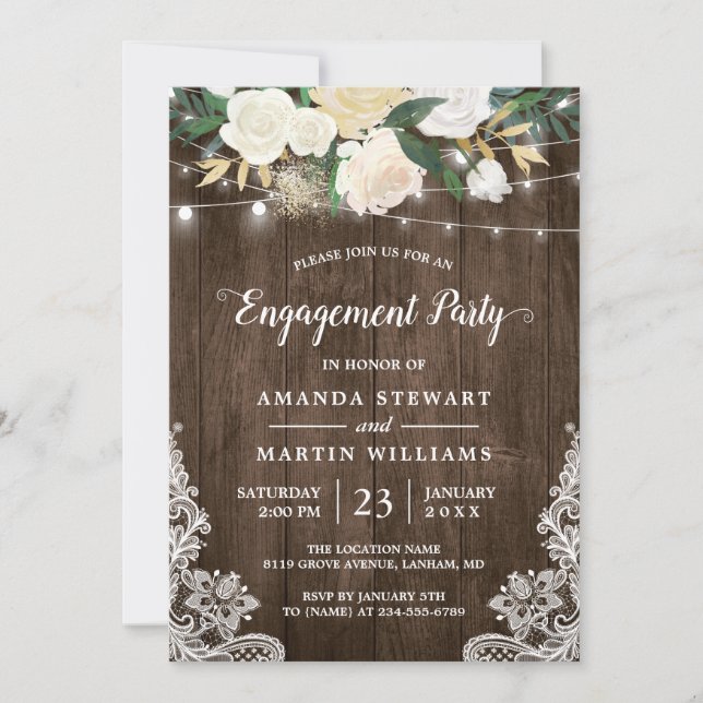 Invitation Charme Rustique Floral String Lights (Devant)