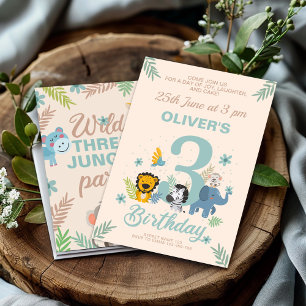 Invitation Charme Safari Blue Pastel Troisième anniversaire