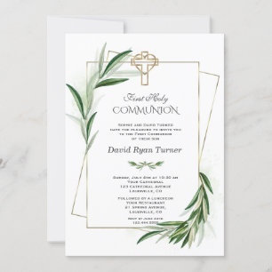 Invitation Charme Vert Olivier Feuille Or Première Communion