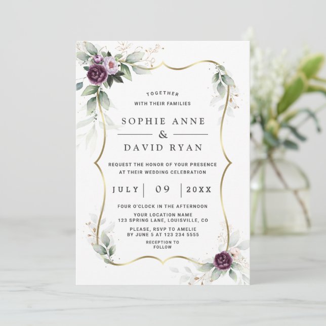 Invitation Charme vert violet rose Mariage Floral or (Debout devant)