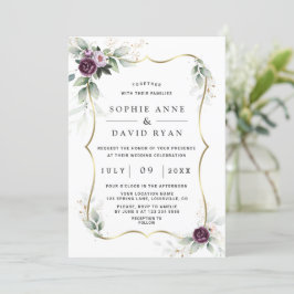 Invitation Charme vert violet rose Mariage Floral or