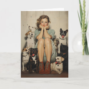 Invitation Charme vintage = Une jeune femme entourée de chien