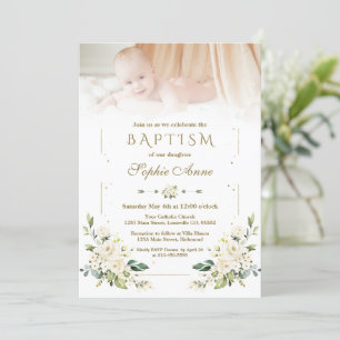 Invitation Charming Aquarelle Fleurs blanches Photo Baptême