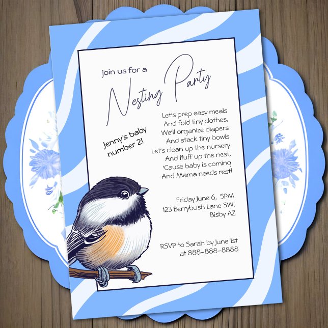 Invitation Charming Baby shower Bleu de poulet (Sweet chickadee bird nesting party invitation in sky blue and white, baby shower alternative)