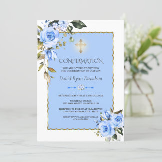 Invitation Charming Blue Flowers Gold Cross Boy Confirmation