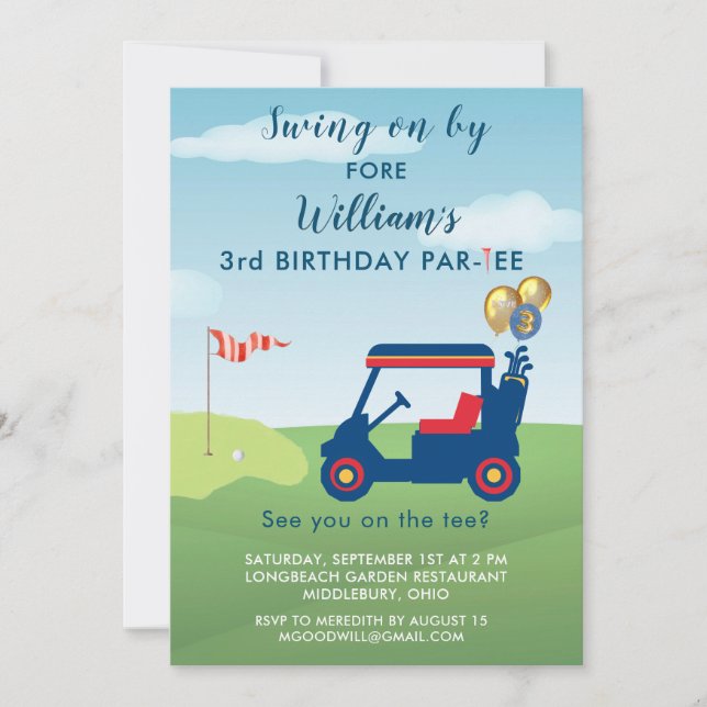 Invitation Charming Boy Golf Cart Par tee 3e anniversaire (Devant)