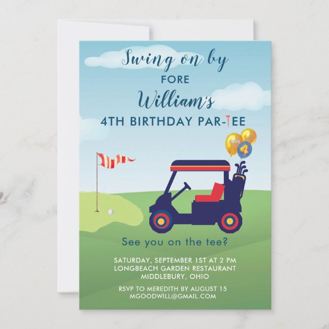 Invitation Charming Boy Golf Cart Par tee 4e anniversaire (Devant)
