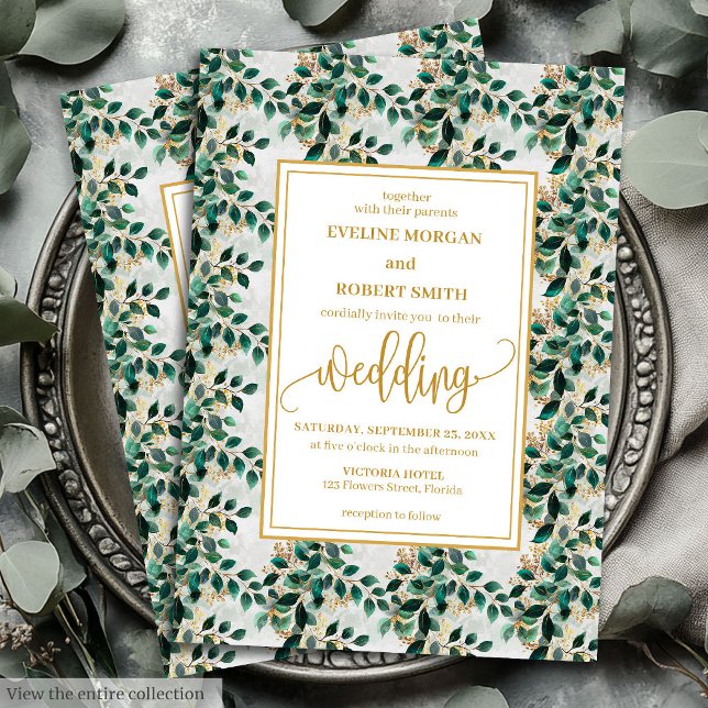 Invitation Charming Charming Green Gold Eucalyptus Mariage (Charming Hunter Green Gold Eucalyptus Wedding Invitation)