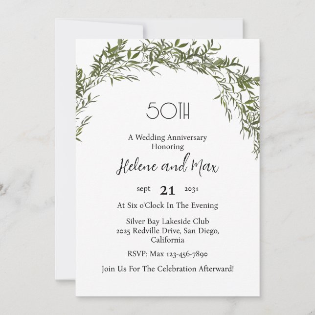 Invitation Charming Classic Greenery Wedding Anniversary  (Devant)