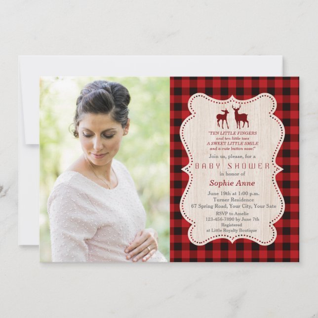Invitation Charming Deer Red Buffalo Plaid Photo Baby shower (Devant)