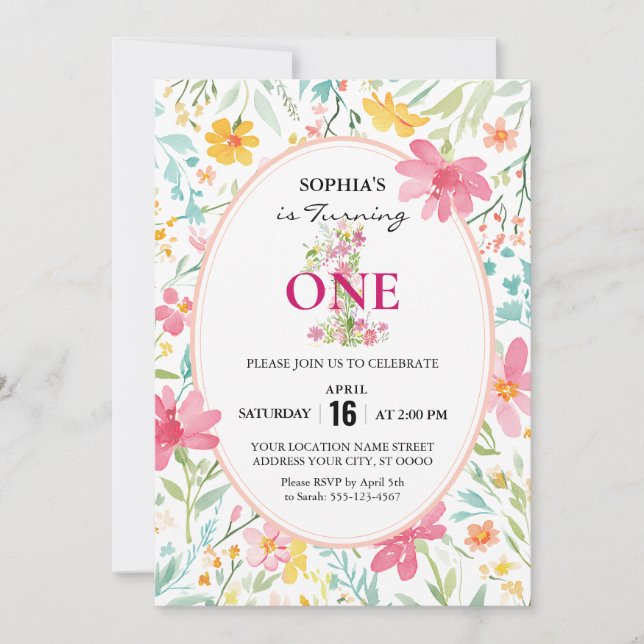 Invitation Charming Floral Premier anniversaire (Devant)