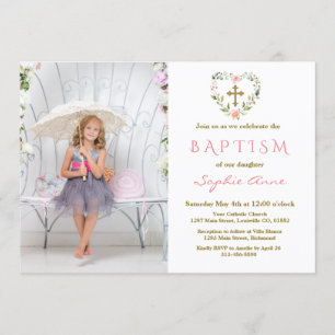 Invitation Charming Gold Cross Floral Girl Photo Baptism