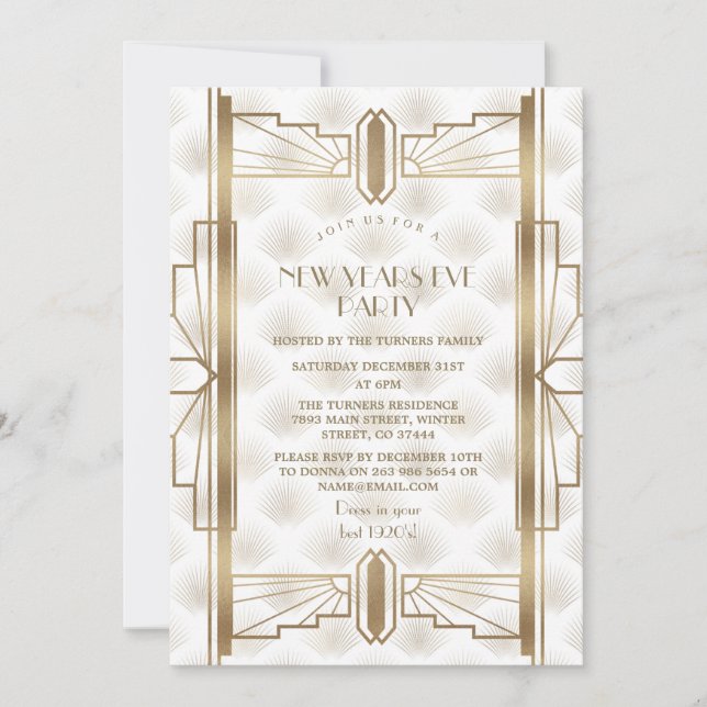 Invitation Charming Gold Great Gatsby Art Déco fête du Nouvel (Devant)