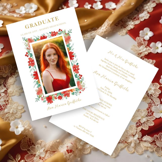Invitation Charming Graceful Floral Graduation Rouge Photo (Charming Graceful Floral Contemporary Red Personalized Photo Graduation Invitation Card.)
