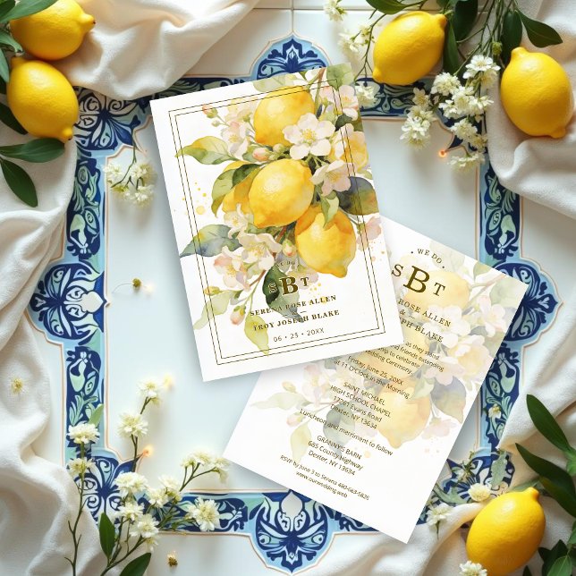 Invitation Charming Mediterranean Botanical Floral Lemons (Charming Romantic Mediterranean Botanical Floral Lemons Branch Composition Wedding Invitation Cards )