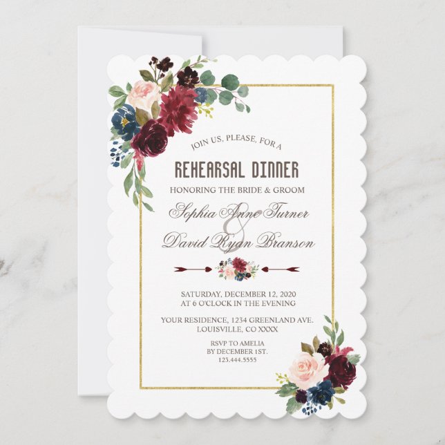 Invitation Charming Merlot Navy Blue Floral Dîner de répétiti (Devant)
