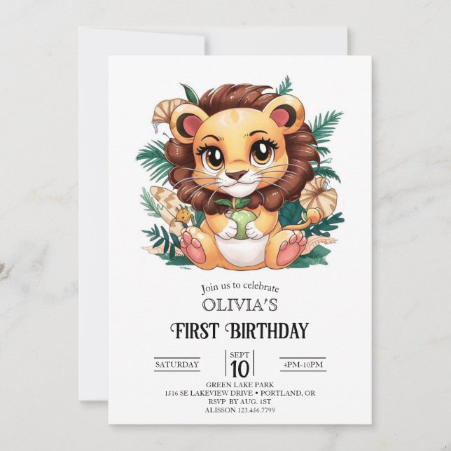 Invitation Charming mignonne Lion 1er Anniversaire numérique (Devant)