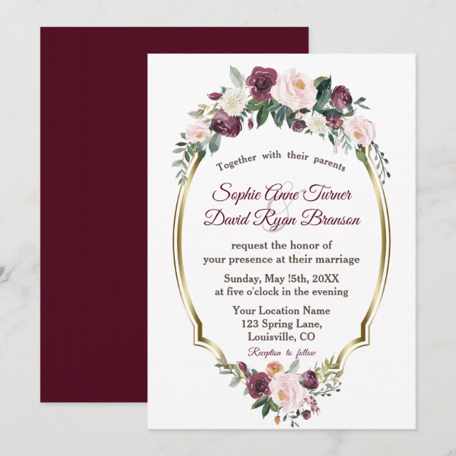 Invitation Charming or Bourgogne Blush Floral Mariage (Devant / Derrière)