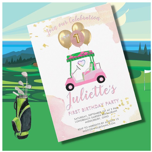 Invitation Charming Pink Golf Part First Birthday Girl (Créateur téléchargé)
