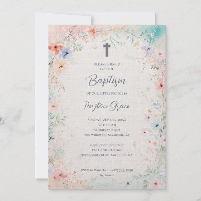 Invitation Charming Soft Botanical Floral Frame Baptism (Devant)