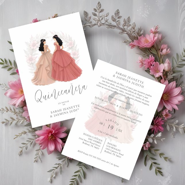 Invitation Charming Spanish Dusty Pink Shades XVs Twins (Charming Spanish Dusty Pink Shades Quinceañera Twins Invitations Cards.)