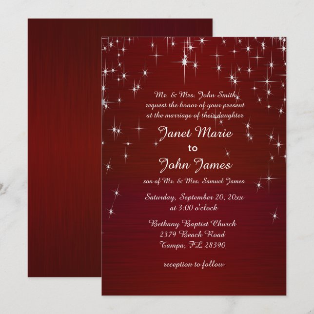 Invitation Charming Star Struck Mariage | Rouge Bourgogne (Devant / Derrière)