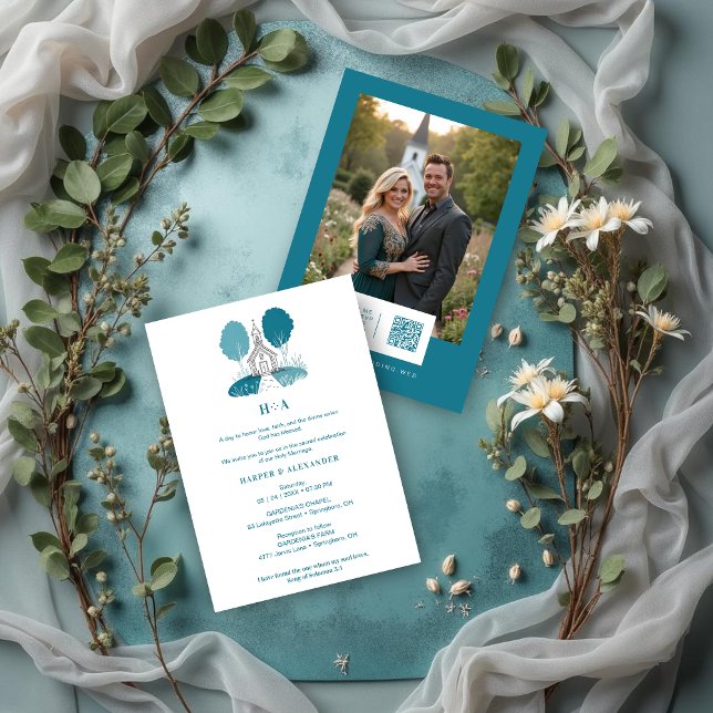 Invitation Charming Teal Church Christian Wedding (Charming Teal Church Illustration Christian Wedding Invitation Cards with Back Photo & QR Code.)