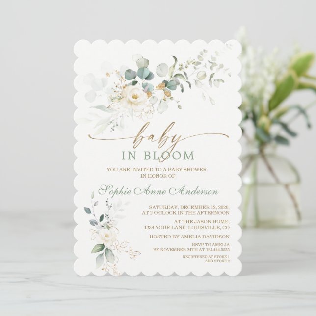 Invitation Charming White Floral Airy Leaves Baby in Bloom (Debout devant)