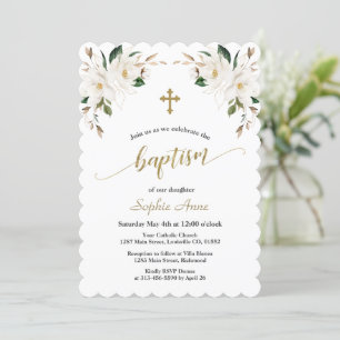 Invitation Charming White Magnolia Gold Baptême Calligraphie