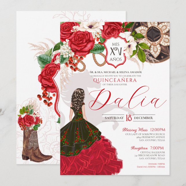 Invitation Charra Quinceañera Rouge Rose Floral Crest Western (Devant / Derrière)