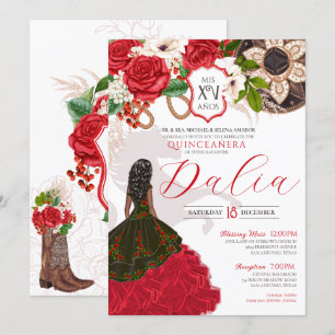 Invitation Charra Quinceañera Rouge Rose Floral Crest Western
