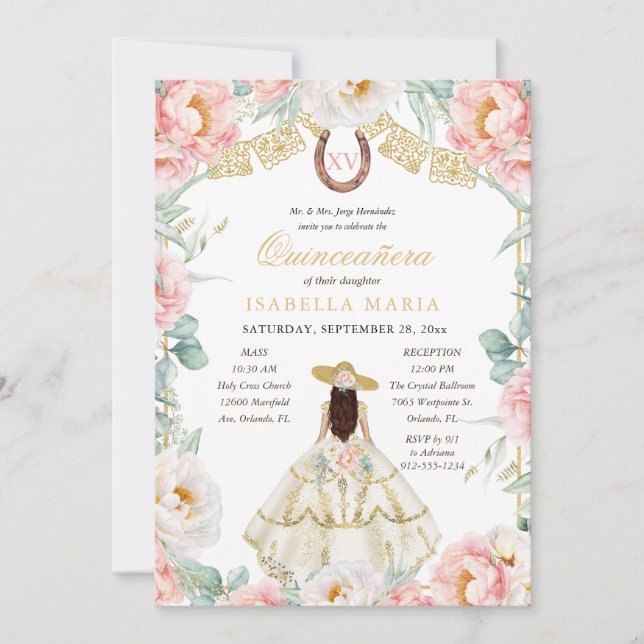 Invitation Charra rose et or avec photo Quinceañera mexicaine (Devant)
