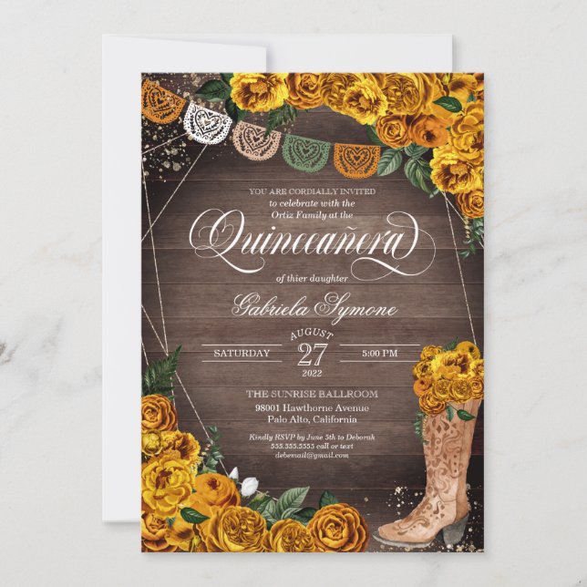 Invitation Charra Russe fille à seins jaune Rose Quinceañera (Devant)