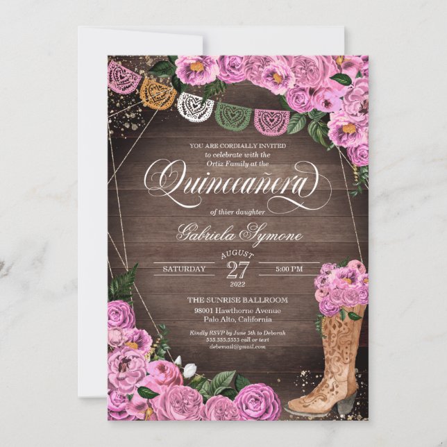 Invitation Charra Russe Roses Roses Roses Cowgirl Bottes Quin (Devant)