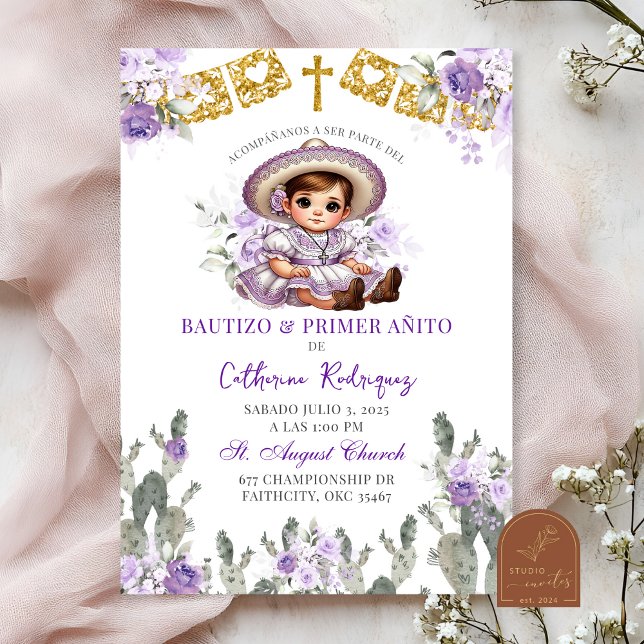 Invitation Charra violet Roses mexicain Bautizo Y Primer Anit (Créateur téléchargé)
