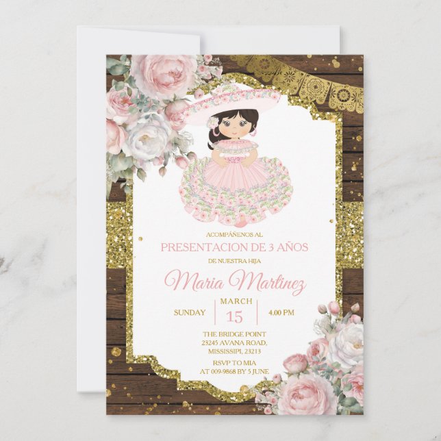 Invitation Charro blanc et rose Presentación De Tres Años Niñ (Devant)