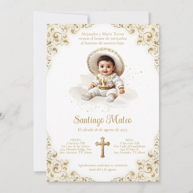 Invitation Charro Boy Baptism - Gold Bautizo - Niño Charro (Devant)