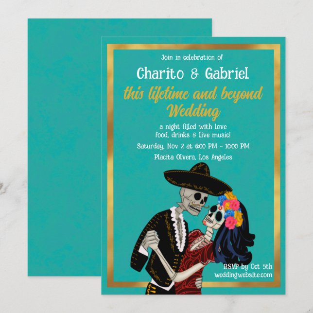 Invitation Charro Catrina Crânes à sucre Danser Mariage Turqu (Devant / Derrière)