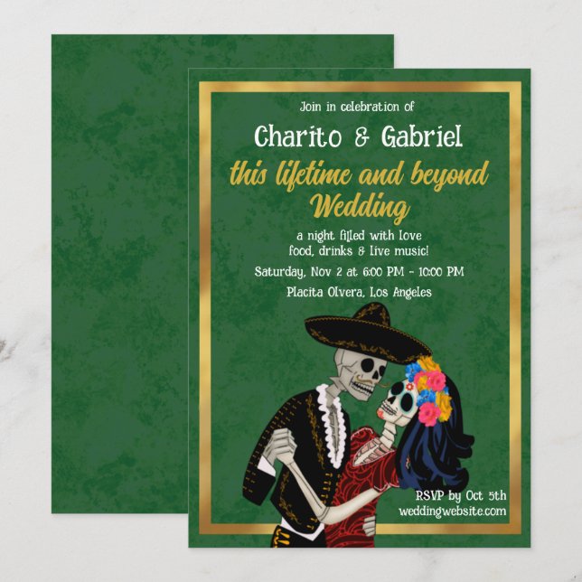 Invitation Charro Catrina Crânes à sucre Danser Mariage vert (Devant / Derrière)