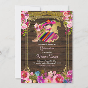 Invitation Charro en bois coloré Floral rose Quinceañera
