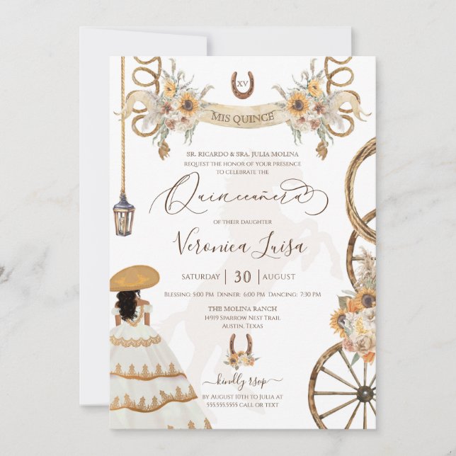 Invitation Charro Floral Boho rustique pays Quinceanera (Devant)