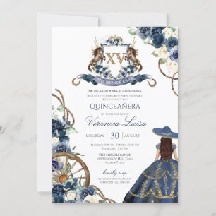 Invitation Charro Horse Crest Royal Navy Blue Quinceañera